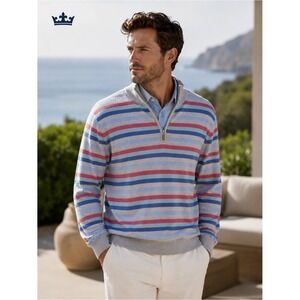 PETER MILLAR SILK CASHMERE PIMA COTTON‎ Size M Striped 1/4 Zip Pullover Sweater